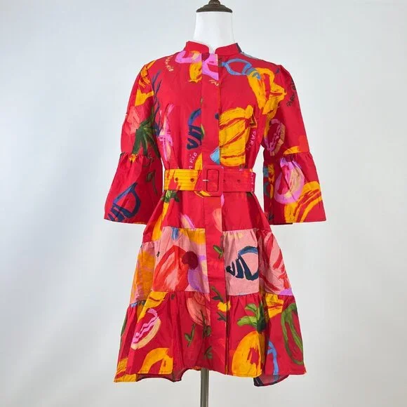 NWOT FARM Rio Mixed Fruits Ocean Bright Vibrant Dress Ruffle Sleeve Size S